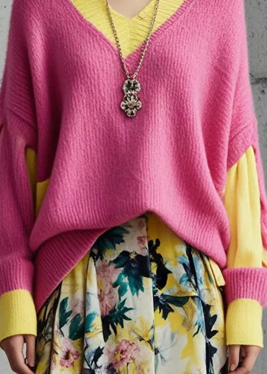 Pink Oversized Patchwork Knit Sweater Tops Fall