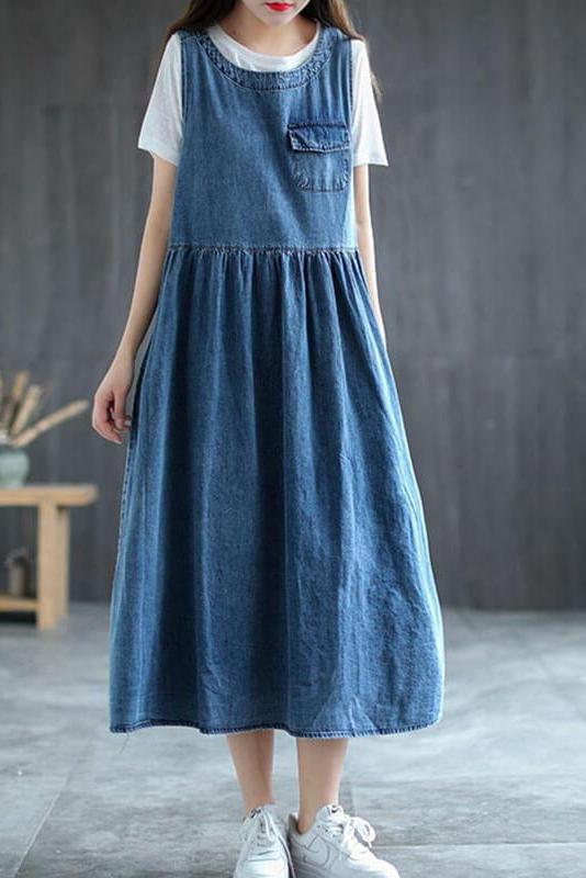 Denim Pleated Long Sleeveless Pinafore Dress