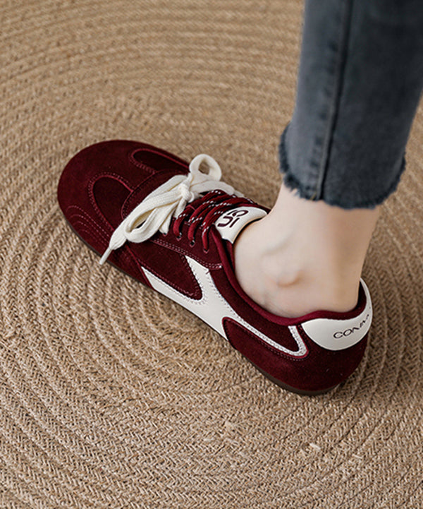 Red Lace Up Platform Suede Splicing Flat Shoes