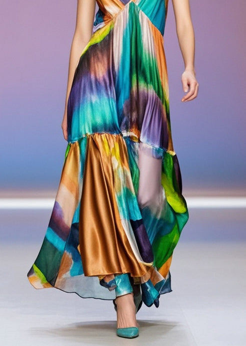 V Neck Print Silk Spaghetti Strap Beach Dress Summer