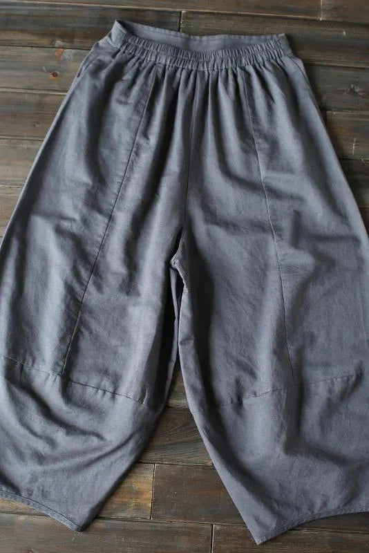 Gray Loose Cotton Linen Ankle Length Pants Outfits