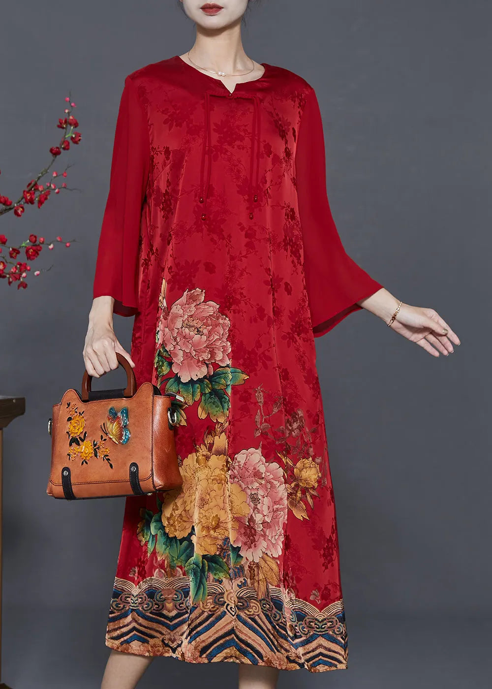 Red Tasseled Print Silk Oriental Dresses Summer