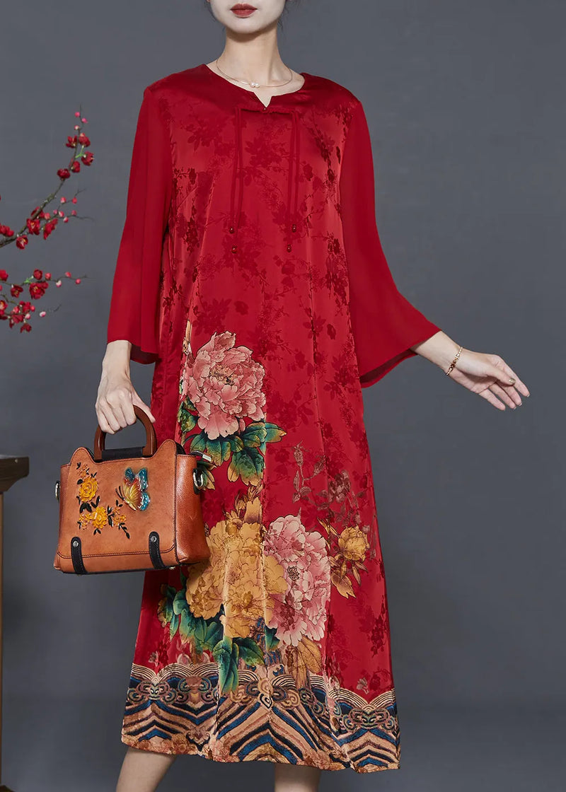 Red Tasseled Print Silk Oriental Dresses Summer