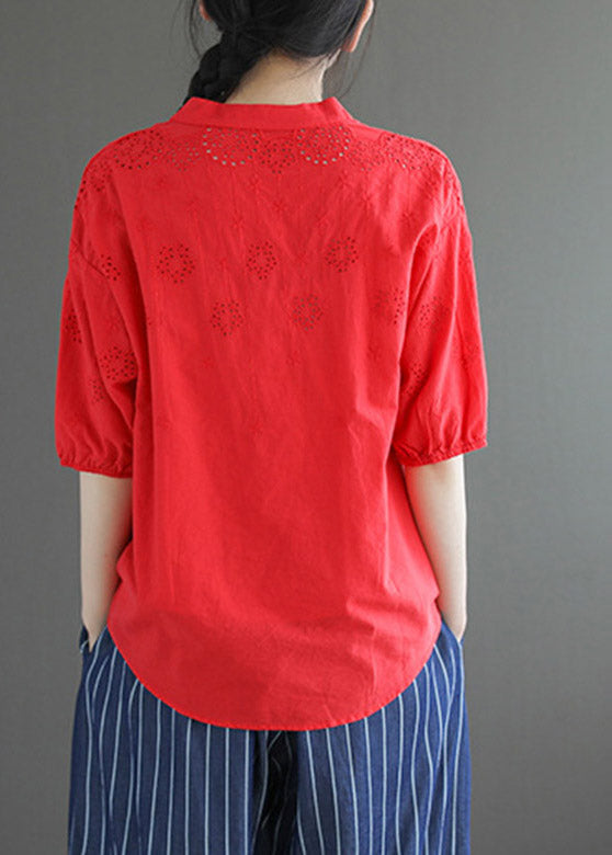 Light Blue Stand Collar Embroidered Button Cotton Shirt Half Sleeve