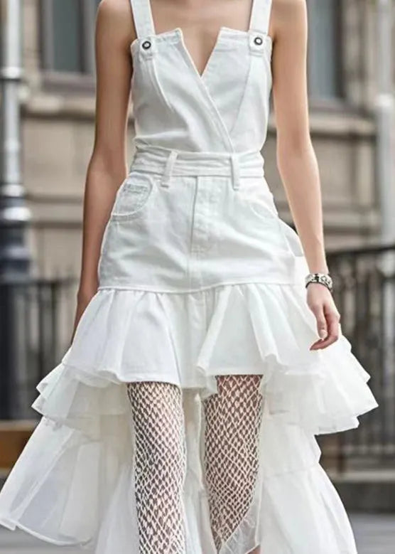 White Ruffles Patchwork Organza Denim Dress Summer