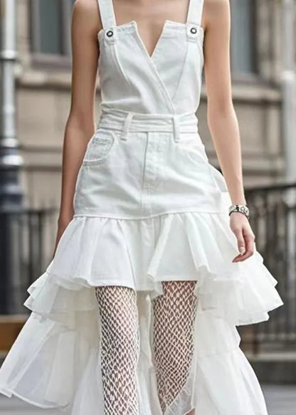 White Ruffles Patchwork Organza Denim Dress Summer