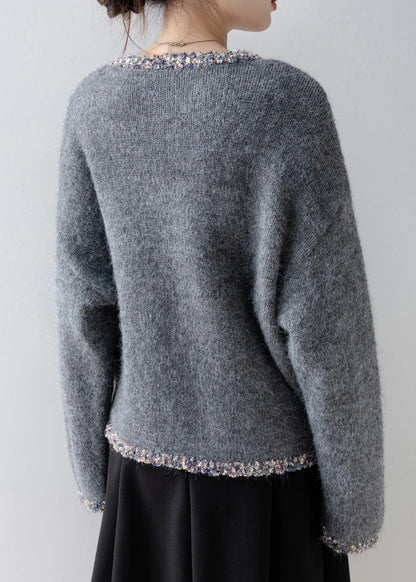 French Grey O Neck Patchwork Knit Sweaters Tops Spring