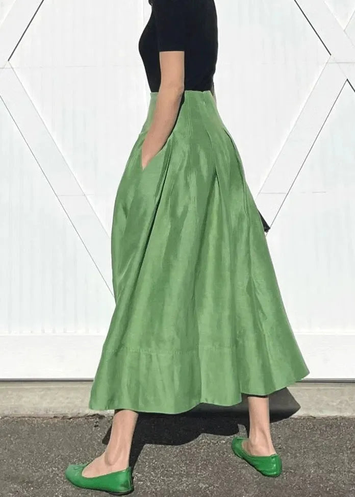 Simple Green Pockets High Waist Cotton Skirts Summer