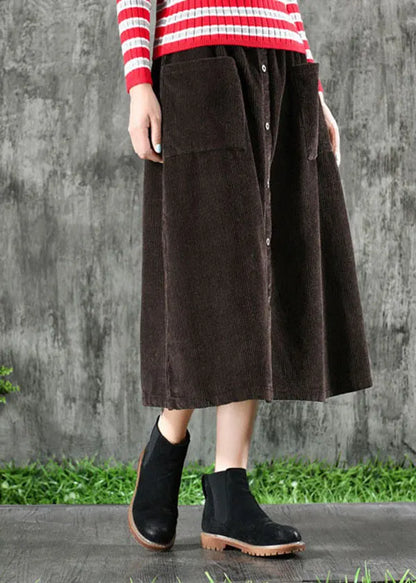 Dark Brown Corduroy Skirts Elastic Waist Button Winter