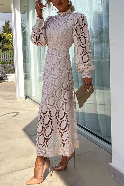 Romantic, Sensual and Crochet Lace Lantern Sleeve Party Midi Dress
