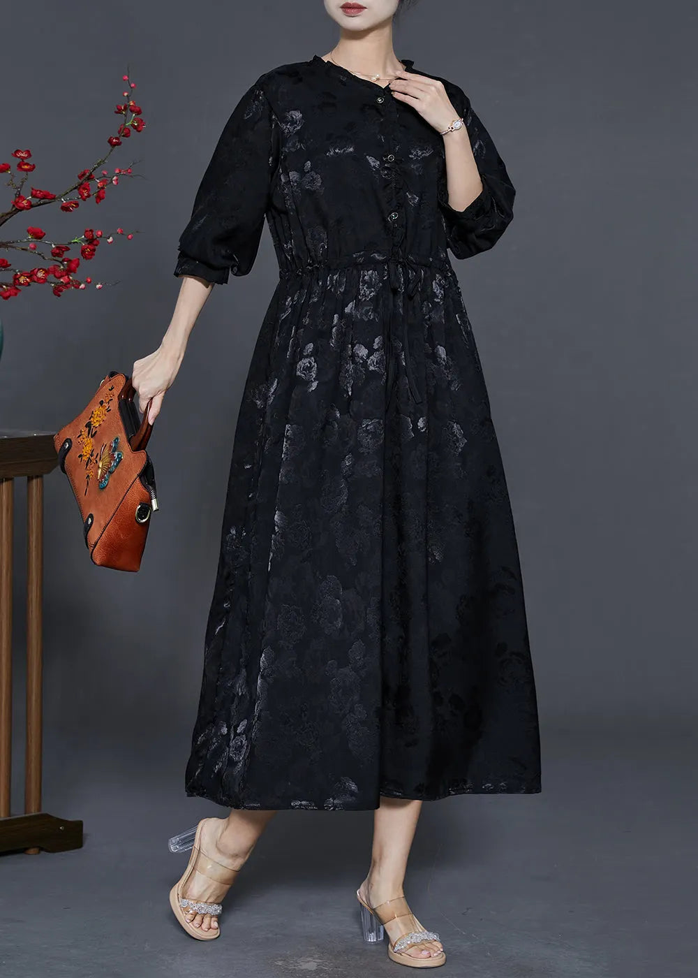 Black Cinched Print Exra Large Hem Silk Dress Fall