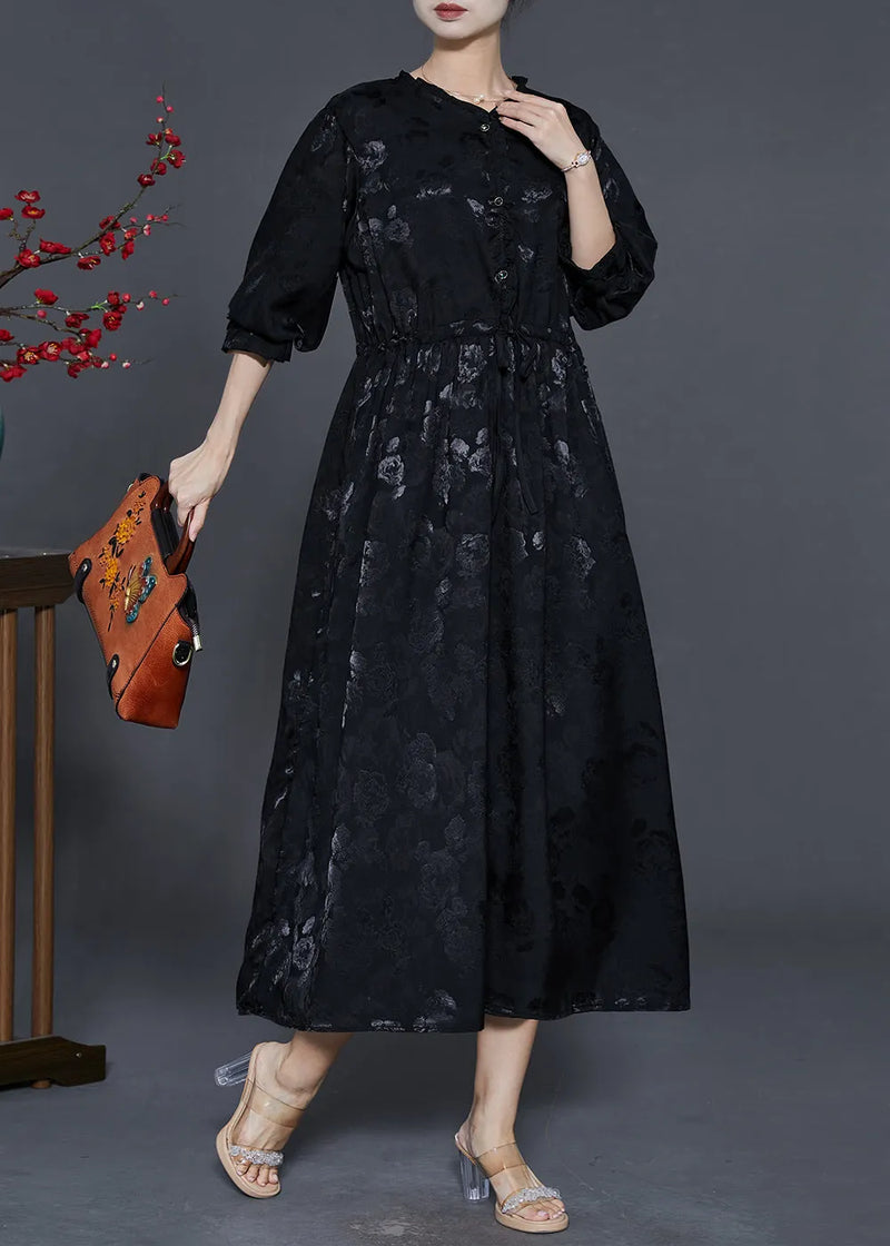 Black Cinched Print Exra Large Hem Silk Dress Fall