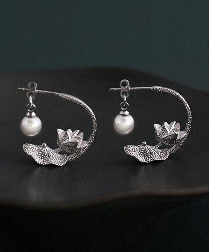 Silk Sterling Silver Pearl Lotus Hoop Earrings