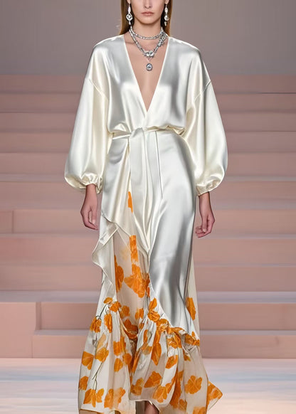 Milk White V Neck Print Silk Vacation Dresses Spring