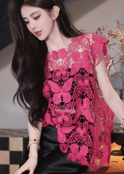 Rose Butterfly Hook Flower Hollow Lace Top Summer
