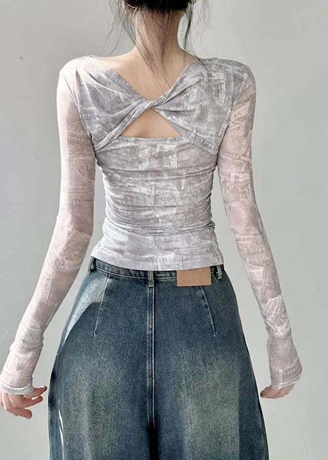 Original Design Twisted Printed Tulle T Shirts Top Autumn