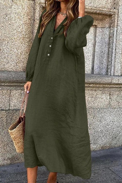 V Neck Single-breasted Cotton Linen Dress