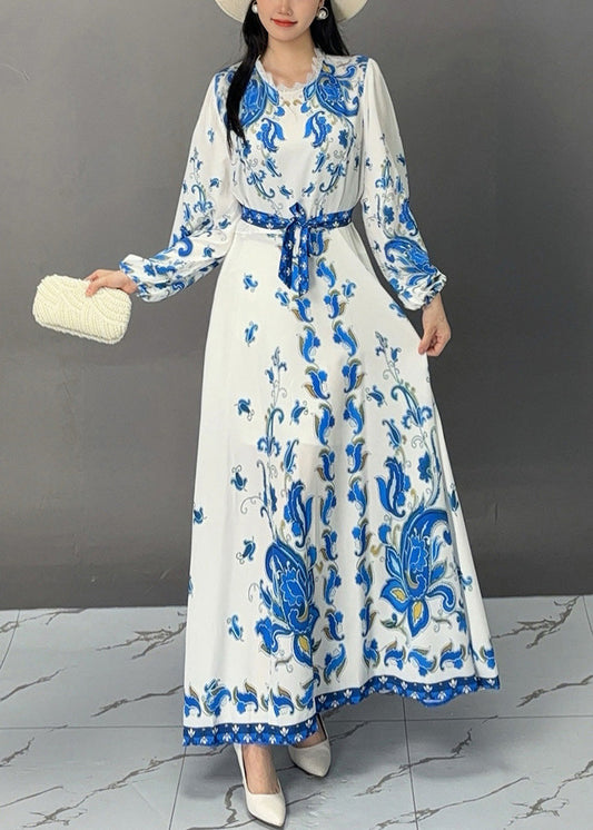 White Print Lace Up Cotton Long Dress Fall