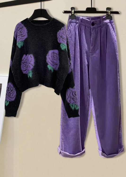 Black Print O-neck Cotton Knit Sweater and Straight Pants Two Pieces Set Winter