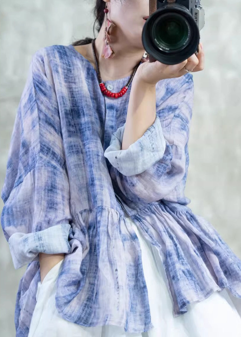 Blue O Neck Tie Dye Patchwork Cotton Top Spring