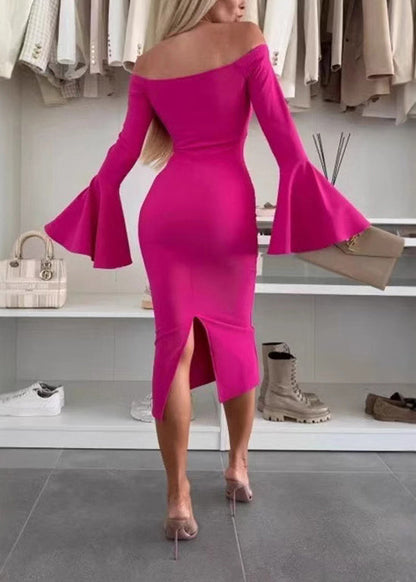 Slim Fit Apricot Slash Neck Cotton Dresses Flare Sleeve
