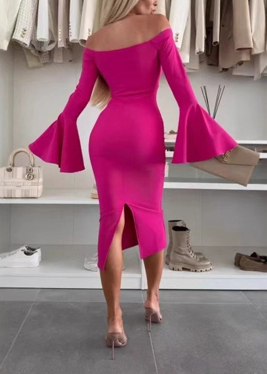 Slim Fit Apricot Slash Neck Cotton Dresses Flare Sleeve
