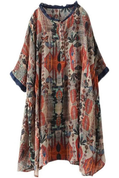 Ramie Print O-neck Loose Shirt