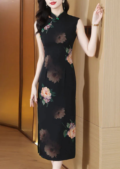 Black Stand Collar Print Side Open Chiffon Dresses Sleeveless