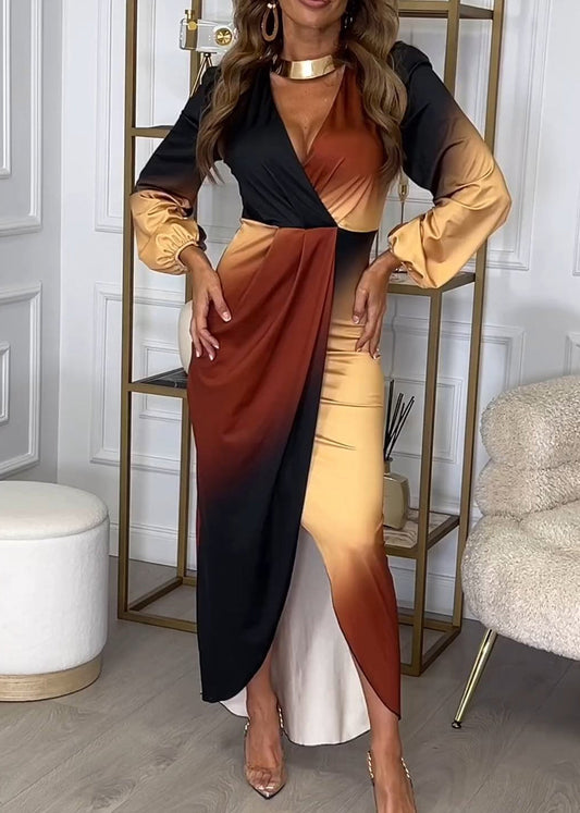 Stylish Gradient Color V Neck Side Open Patchwork Cotton Dress Fall