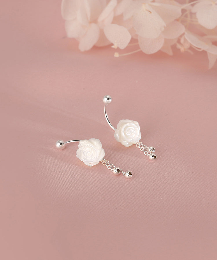 Simple White Sterling Silver Shell Tassel Drop Earrings