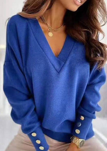 Blue V Neck Patchwork Loose Cotton Tops Fall