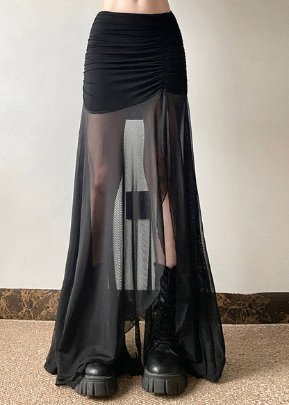 Black Elastic Waist Wrinkled Tulle Patchwork Maxi Skirt Summer