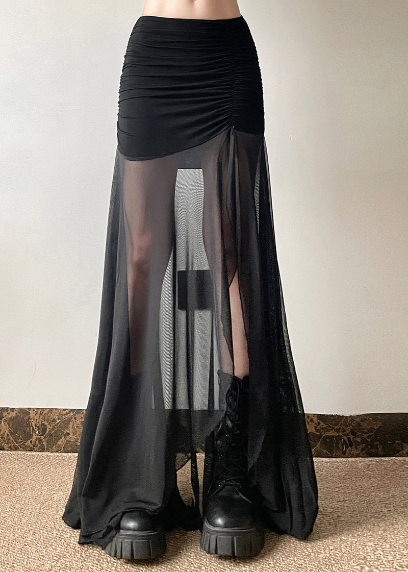 Black Elastic Waist Wrinkled Tulle Patchwork Maxi Skirt Summer