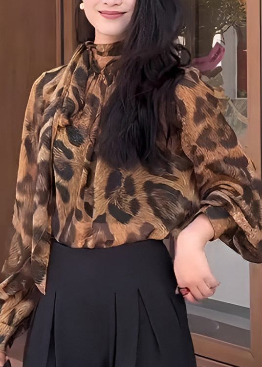 Leopard Print Bow Lace Up Chiffon Shirt Tops Spring
