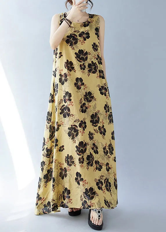 Yellow Oversized Print Cotton Dresses Sleeveless