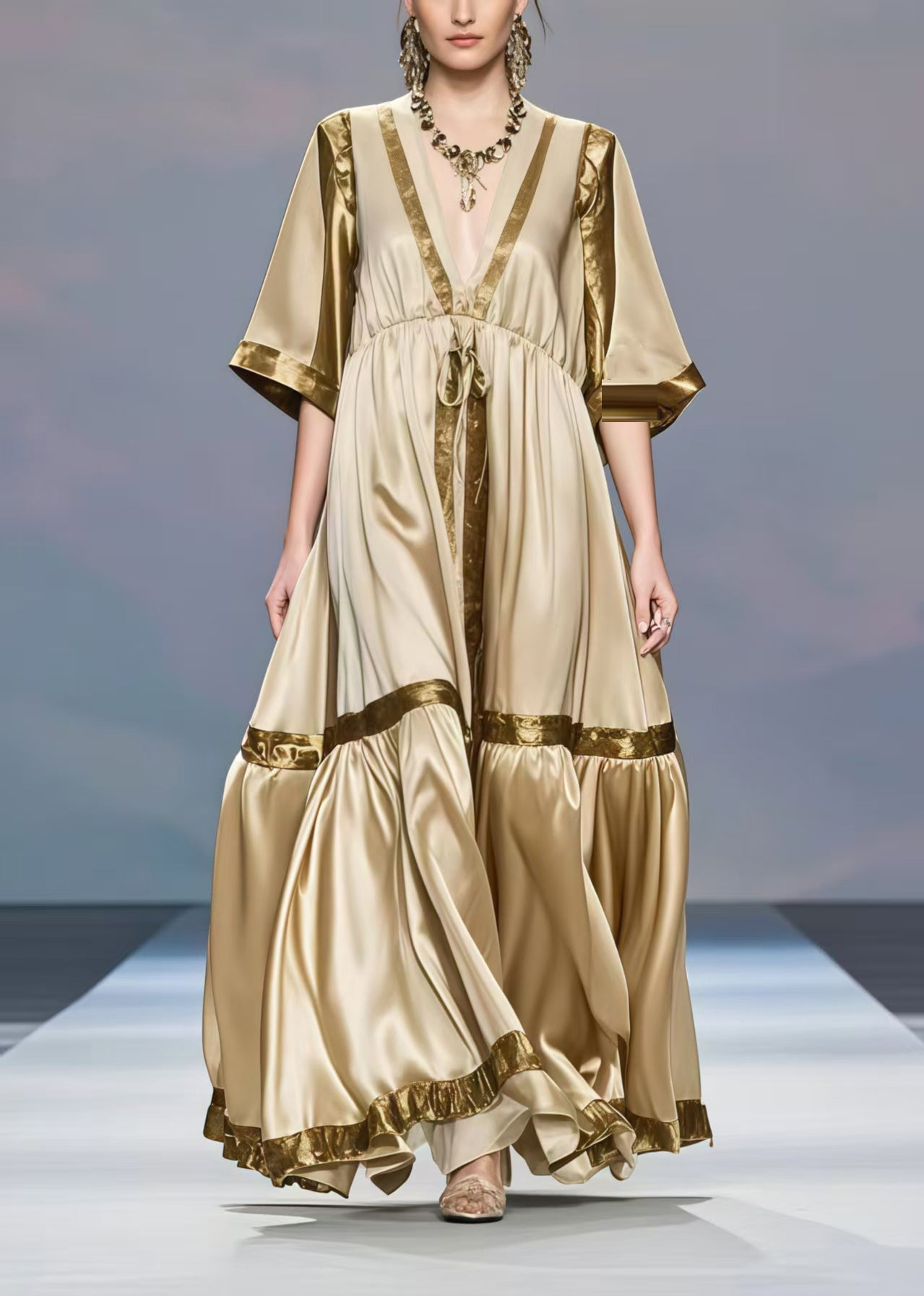 Khaki V Neck Patchwork Exra Large Hem Silk Long Dress Half Sleeve