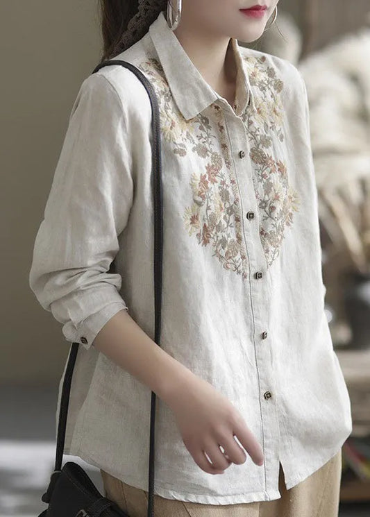 Beige Peter Pan Collar Embroidered Linen Top Spring