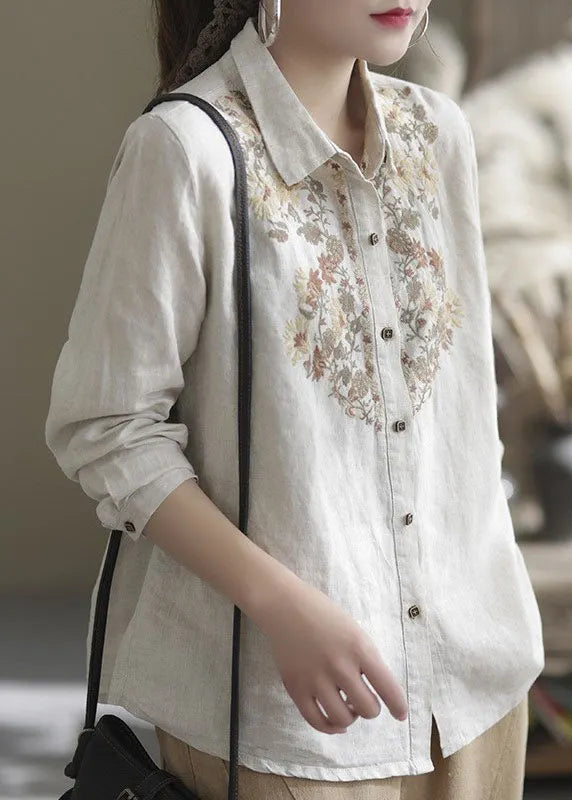 Beige Peter Pan Collar Embroidered Linen Top Spring