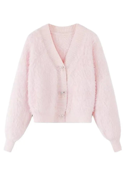 Pink V Neck Button Mink Hair Knitted Cardigan Spring