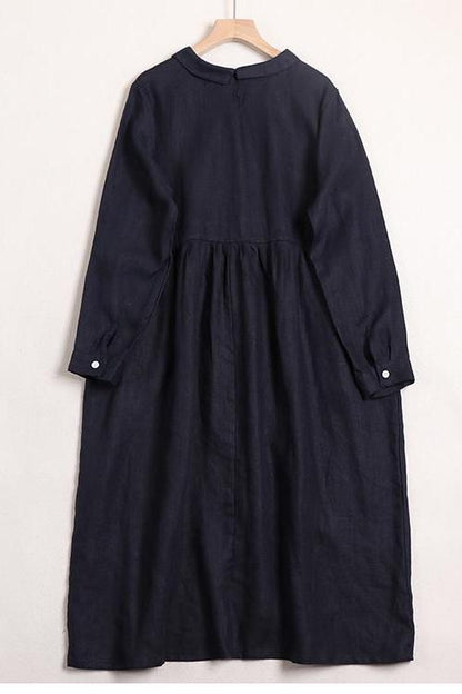 Linen Color Doll Collar Long Sleeves Dress