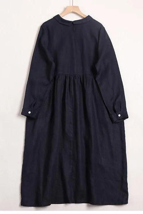 Linen Color Doll Collar Long Sleeves Dress