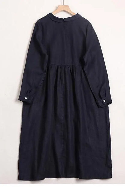 Linen Color Doll Collar Long Sleeves Dress