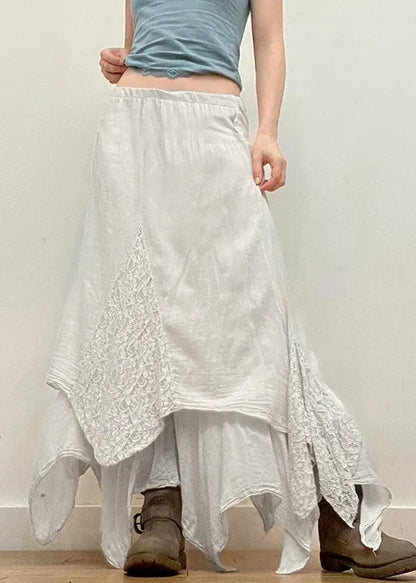 White Asymmetrical Lace Patchwork Skirts Summer