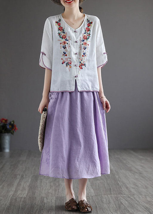 Purple Elastic Waist Embroidered Linen Skirt Spring