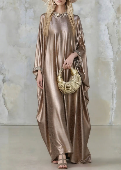 Gold Silk Maxi Dresses Flare Sleeve