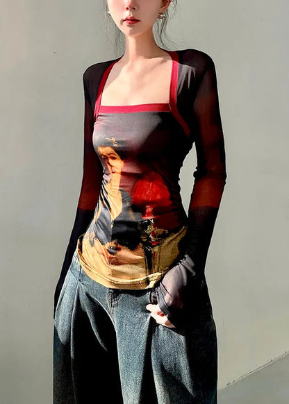 Oil Painting Style Square Neck Slim Fit T Shirt Fall