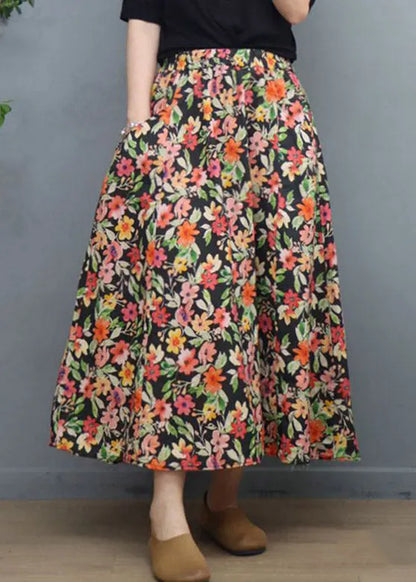 Natural Black Print Elastic Waist Linen a Line Skirt
