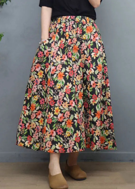 Natural Black Print Elastic Waist Linen a Line Skirt