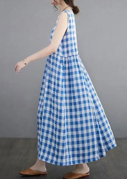 Blue Plaid Patchwork Maxi Dresses Sleeveless