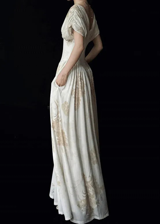 New White V Neck Print Pockets Cotton Maxi Dress Summer